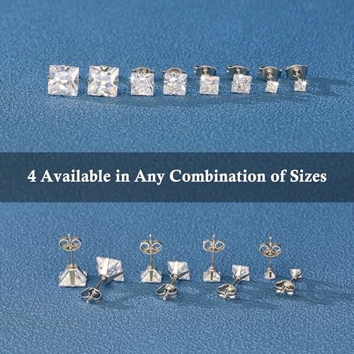 4 Pairs Stainless Steel Earrings, Square Earrings for Men Silver Cubic Zirconia Earrings Studs Hypoallergenic Princess Cut Earrings for Women Stud Earrings Set Cartilage...