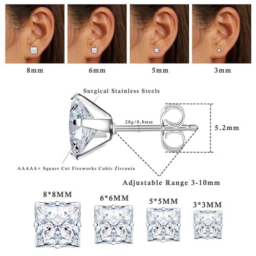 4 Pairs Stainless Steel Earrings, Square Earrings for Men Silver Cubic Zirconia Earrings Studs Hypoallergenic Princess Cut Earrings for Women Stud Earrings Set Cartilage...