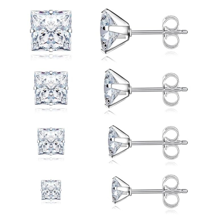 4 Pairs Stainless Steel Earrings, Square Earrings for Men Silver Cubic Zirconia Earrings Studs Hypoallergenic Princess Cut Earrings for Women Stud Earrings Set Cartilage...