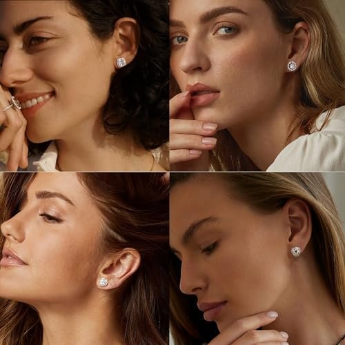 4 Pairs Sterling Silver CZ Stud Earrings for Women 14K Gold Plated Brilliant Celtic Heart Big Stud Earrings Set Cubic Zirconia Earrings Studs for Sensitive Ear