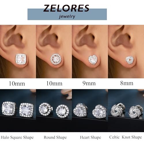 4 Pairs Sterling Silver CZ Stud Earrings for Women 14K Gold Plated Brilliant Celtic Heart Big Stud Earrings Set Cubic Zirconia Earrings Studs for Sensitive Ear