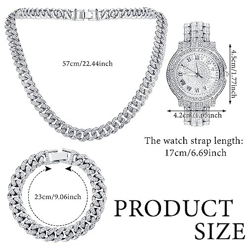 4 Pcs Hip Hop Jewelry Set Cuban Link Chains Bling Rhinestone Watch for Man Artificial Diamond Necklace Bracelet Watch