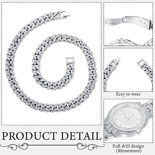 4 Pcs Hip Hop Jewelry Set Cuban Link Chains Bling Rhinestone Watch for Man Artificial Diamond Necklace Bracelet Watch