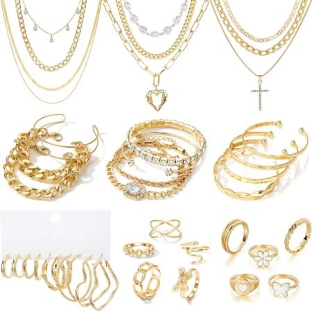 41 PCS Gold Jewelry Set for Women, Dainty Dangle Earrings,Cute Knuckle Rings,Adjustable Layered Necklaces and Chunky Bracelets,Fashion Trendy Anniversary Birthday Gift Packs