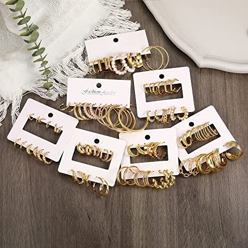 42 Pairs Gold Hoop Earrings Set for Women, Fashion Chunky Pearl Earrings Multipack Twisted Statement Earring Pack, Hypoallergenic Small Big Hoops Earrings for Birthday Party...