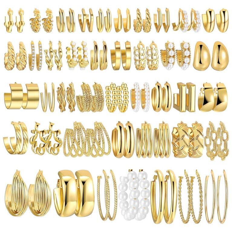 42 Pairs Gold Hoop Earrings Set for Women, Fashion Chunky Pearl Earrings Multipack Twisted Statement Earring Pack, Hypoallergenic Small Big Hoops Earrings for Birthday Party...