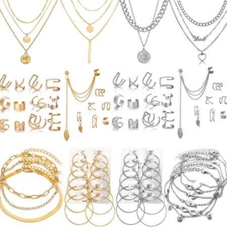 46 Pcs Gold Jewelry Set with 11Pcs Necklace, 11 Pcs anklet and 18 Pcs Earring Ear Cuff,6Hoop Earrings for Women Fashion Indie Costume Jewerly Pack for Friendship Party Gift