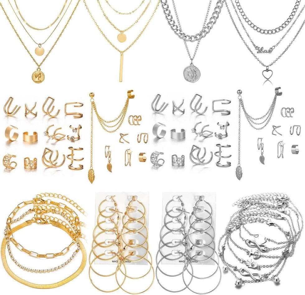 46 Pcs Gold Jewelry Set with 11Pcs Necklace, 11 Pcs anklet and 18 Pcs Earring Ear Cuff,6Hoop Earrings for Women Fashion Indie Costume Jewerly Pack for Friendship Party Gift