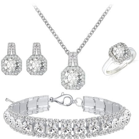 4pcs Cubic Zirconia Wedding Jewelry Sets for Bride Bridesmaid Cubic Zirconia Pendant Necklace Earrings Link Tennis Bracelet Open Ring Set for Women Birthday/Valentine's...