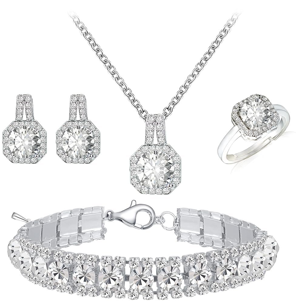 4pcs Cubic Zirconia Wedding Jewelry Sets for Bride Bridesmaid Cubic Zirconia Pendant Necklace Earrings Link Tennis Bracelet Open Ring Set for Women Birthday/Valentine's...