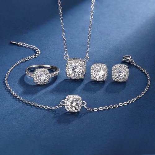 4pcs Cubic Zirconia Wedding Jewelry Sets for Bride Bridesmaid Cubic Zirconia Pendant Necklace Earrings Link Tennis Bracelet Open Ring Set for Women Birthday/Valentine's...