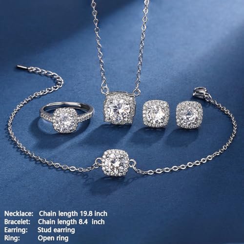 4pcs Cubic Zirconia Wedding Jewelry Sets for Bride Bridesmaid Cubic Zirconia Pendant Necklace Earrings Link Tennis Bracelet Open Ring Set for Women Birthday/Valentine's...