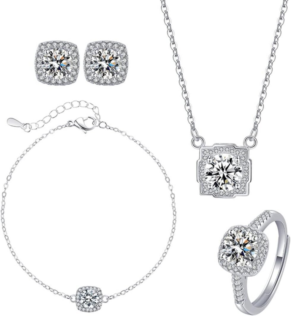 4pcs Cubic Zirconia Wedding Jewelry Sets for Bride Bridesmaid Cubic Zirconia Pendant Necklace Earrings Link Tennis Bracelet Open Ring Set for Women Birthday/Valentine's...