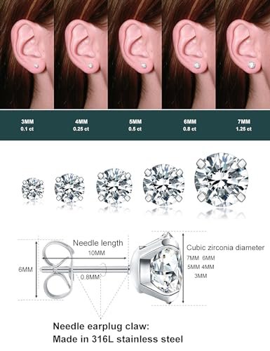 5 Pairs Stud Earrings Set, Hypoallergenic Cubic Zirconia 316L Earrings Stainless Steel CZ Earrings 3-8mm (Steel color)