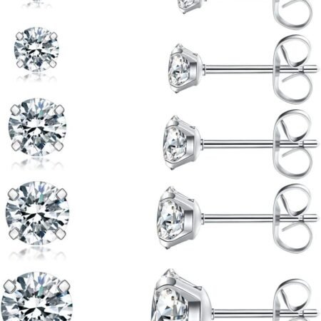 5 Pairs Stud Earrings Set, Hypoallergenic Cubic Zirconia 316L Earrings Stainless Steel CZ Earrings 3-8mm (Steel color)