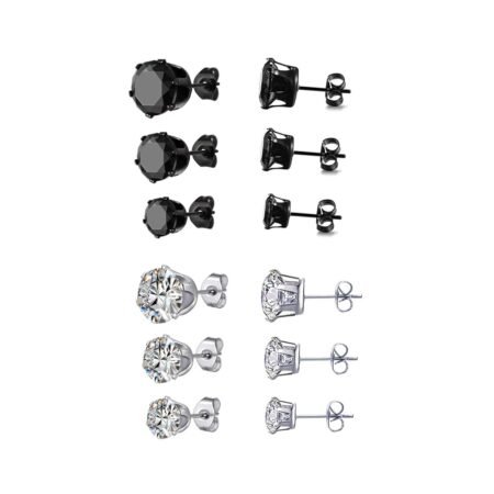 6 Pair titanium and Stainless Steel Mens Womens Stud Earrings Set Black and Clear Round Cubic Zirconia Inlaid Pierced Hypoallergenic 3-5mm(12PCS,3 Pairs Black,3 Pairs Clear)