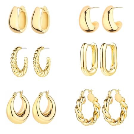 6 Pairs 14K Gold Hoop Earrings for Women Lightweight Chunky Hoop Earrings Multipack Hypoallergenic, Thick Open Twisted Huggie Hoops Earring Set Jewelry for Gifts.