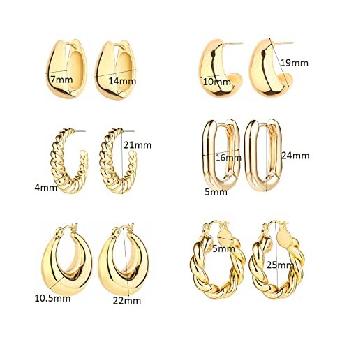 6 Pairs 14K Gold Hoop Earrings for Women Lightweight Chunky Hoop Earrings Multipack Hypoallergenic, Thick Open Twisted Huggie Hoops Earring Set Jewelry for Gifts.