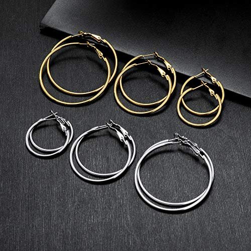 6 Pairs Stainless Steel gold silver Plated Hoop Earrings for Women, Hypoallergenic Hoops Women's Earrings Loop Earrings Set