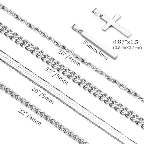 6 Pcs Stackable Silver Chain Pendant Necklace for Men, Mens Stainless Steel Chain Necklace Jewelry Set for Boys (4 Silver Chains+1 Cross Pendant+1 Bar Pendant)