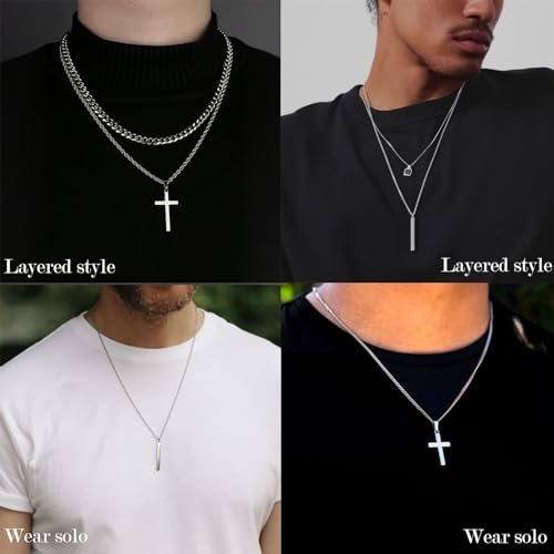 6 Pcs Stackable Silver Chain Pendant Necklace for Men, Mens Stainless Steel Chain Necklace Jewelry Set for Boys (4 Silver Chains+1 Cross Pendant+1 Bar Pendant)