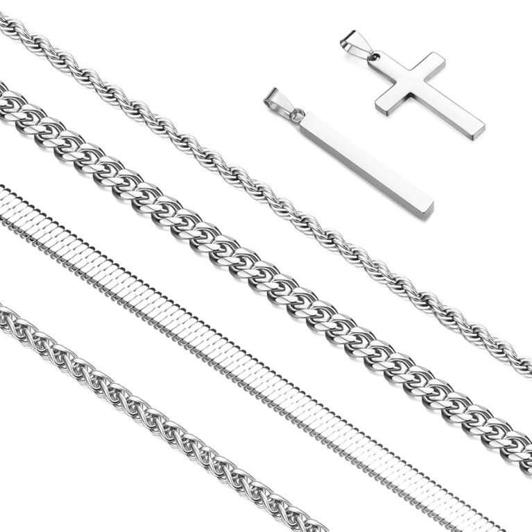 6 Pcs Stackable Silver Chain Pendant Necklace for Men, Mens Stainless Steel Chain Necklace Jewelry Set for Boys (4 Silver Chains+1 Cross Pendant+1 Bar Pendant)