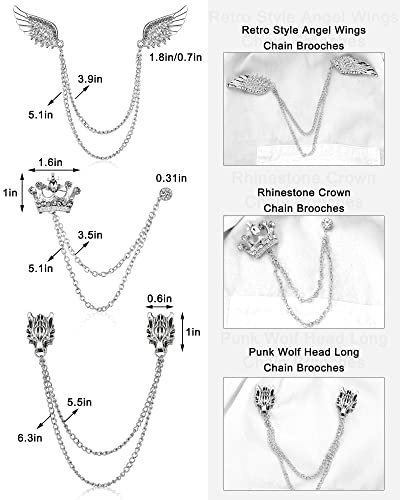 6 Pieces Tassel Chain Brooch Collar Pins Wedding Brooches Collar Pins Wings Wolf Head Crown Lapel Pins Suit Shirt Tuxedo Accessories for Wedding Anniversary Halloween Birthday...