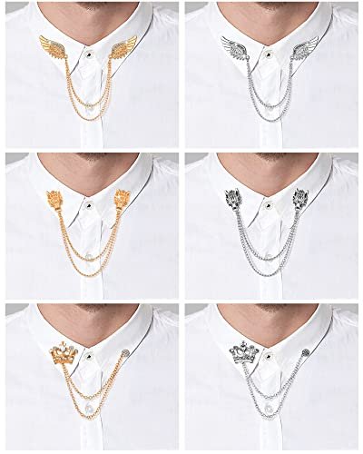 6 Pieces Tassel Chain Brooch Collar Pins Wedding Brooches Collar Pins Wings Wolf Head Crown Lapel Pins Suit Shirt Tuxedo Accessories for Wedding Anniversary Halloween Birthday...