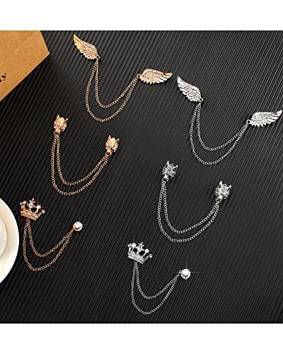 6 Pieces Tassel Chain Brooch Collar Pins Wedding Brooches Collar Pins Wings Wolf Head Crown Lapel Pins Suit Shirt Tuxedo Accessories for Wedding Anniversary Halloween Birthday...