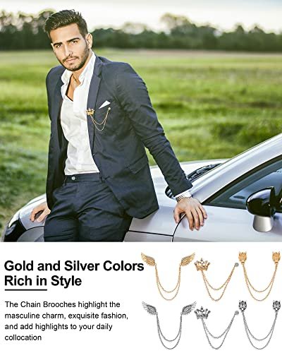 6 Pieces Tassel Chain Brooch Collar Pins Wedding Brooches Collar Pins Wings Wolf Head Crown Lapel Pins Suit Shirt Tuxedo Accessories for Wedding Anniversary Halloween Birthday...