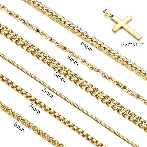 7 Pcs Mens Stainless Steel 18K Gold Plated Chain Necklace Jewelry Set for Men, 6 Chains and 1 Cross Pendant