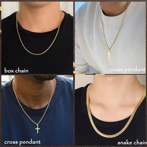 7 Pcs Mens Stainless Steel 18K Gold Plated Chain Necklace Jewelry Set for Men, 6 Chains and 1 Cross Pendant