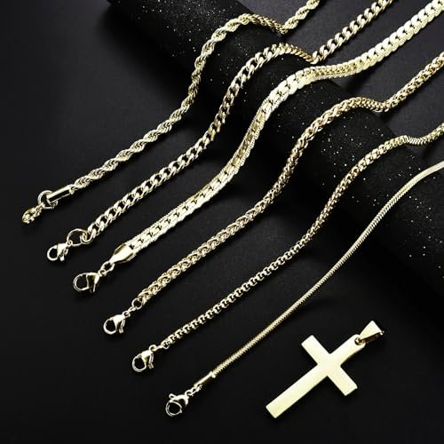 7 Pcs Mens Stainless Steel 18K Gold Plated Chain Necklace Jewelry Set for Men, 6 Chains and 1 Cross Pendant