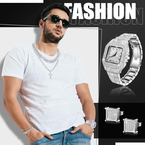 8 Pcs Hip Hop Jewelry Set Bling Link Chain Cross Pendant Diamond Necklace Bracelet Rhinestone Ear Stud Watch Gift Men