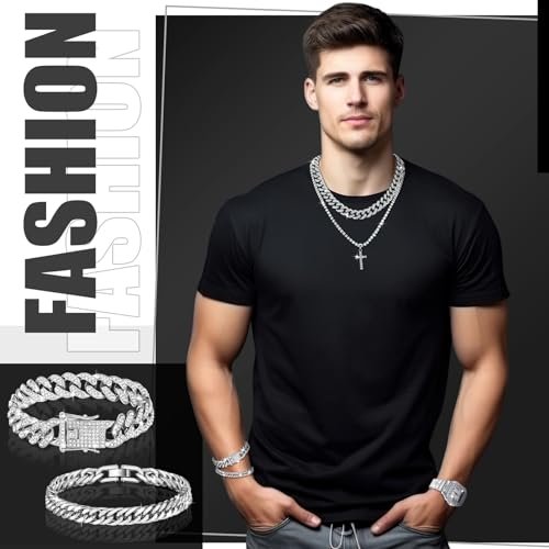 8 Pcs Hip Hop Jewelry Set Bling Link Chain Cross Pendant Diamond Necklace Bracelet Rhinestone Ear Stud Watch Gift Men