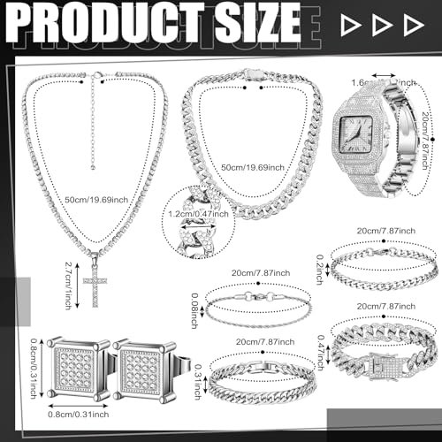 8 Pcs Hip Hop Jewelry Set Bling Link Chain Cross Pendant Diamond Necklace Bracelet Rhinestone Ear Stud Watch Gift Men