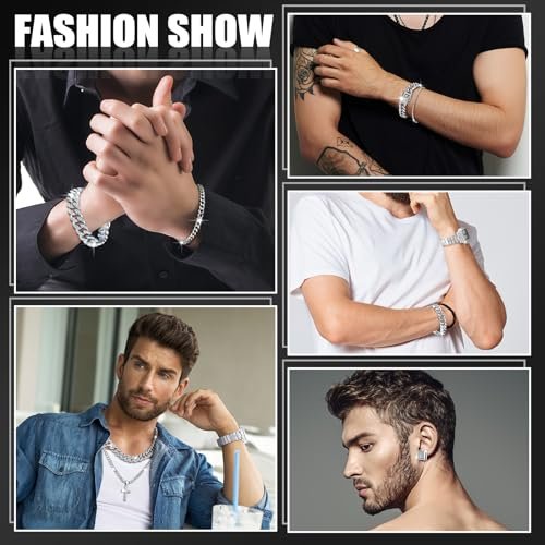 8 Pcs Hip Hop Jewelry Set Bling Link Chain Cross Pendant Diamond Necklace Bracelet Rhinestone Ear Stud Watch Gift Men