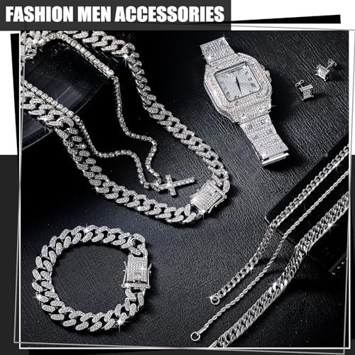 8 Pcs Hip Hop Jewelry Set Bling Link Chain Cross Pendant Diamond Necklace Bracelet Rhinestone Ear Stud Watch Gift Men