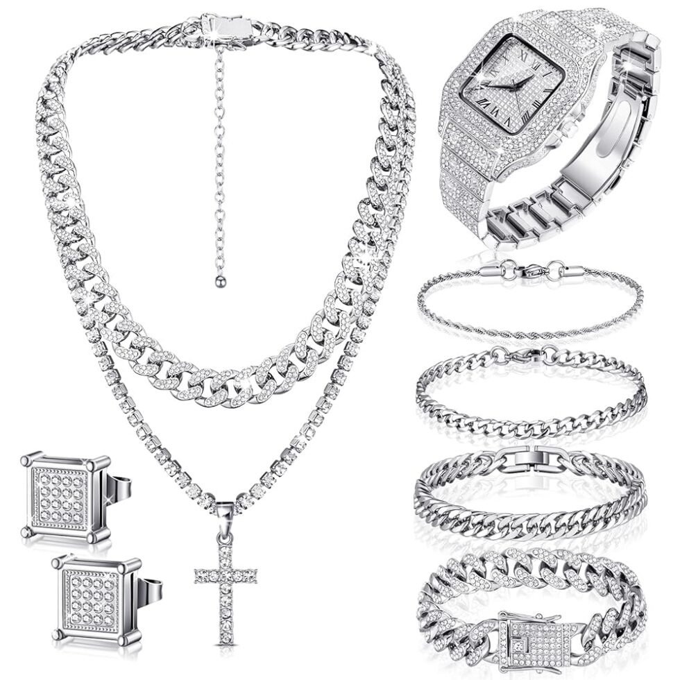 8 Pcs Hip Hop Jewelry Set Bling Link Chain Cross Pendant Diamond Necklace Bracelet Rhinestone Ear Stud Watch Gift Men