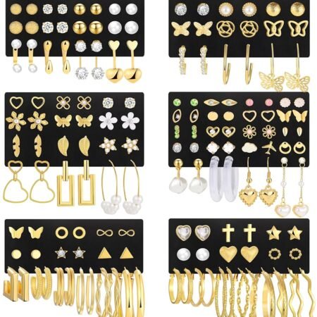 84 Pairs Gold Stud Earrings Set for Women Multipack, Fashion Pearl Cubic Zirconia Butterfly Earrings Packs Piercings, Hypoallergenic Stud Hoops Earrings for Gift