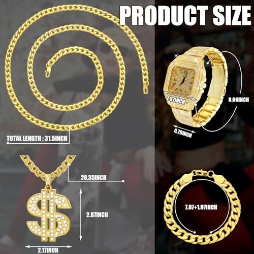 9 Pcs Hip Hop Jewelry Set Dollar Sign Pendant Necklace Bracelet Diamond Watch Punk Sunglasses Lucky Rings for Men