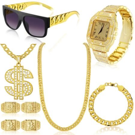 9 Pcs Hip Hop Jewelry Set Dollar Sign Pendant Necklace Bracelet Diamond Watch Punk Sunglasses Lucky Rings for Men