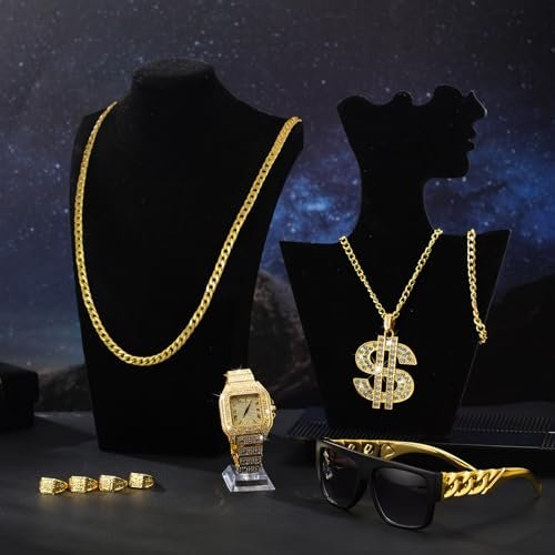 9 Pcs Hip Hop Jewelry Set Dollar Sign Pendant Necklace Bracelet Diamond Watch Punk Sunglasses Lucky Rings for Men