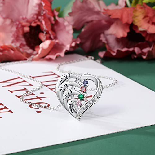 925 Sterling Silver Mother Necklace with 3-4 Simulated Birthstones Personalized Women's Promise Necklace Engraved Names Family Anniversary Jewelry for Grandma