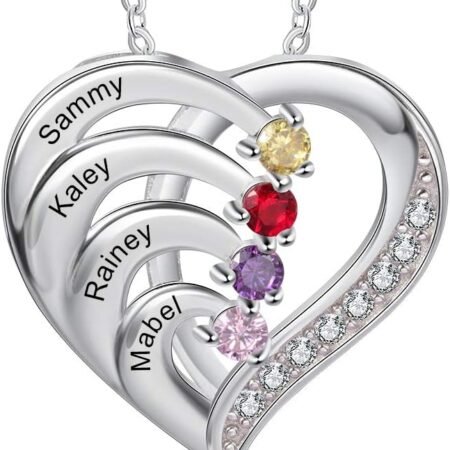 925 Sterling Silver Mother Necklace with 3-4 Simulated Birthstones Personalized Women's Promise Necklace Engraved Names Family Anniversary Jewelry for Grandma