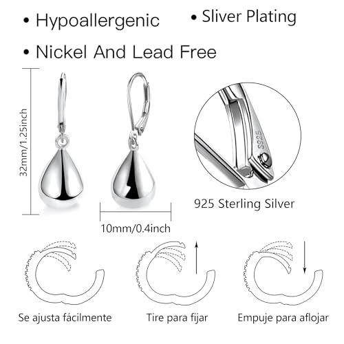 925 Sterling Silver Teardrop Leverback Earrings for Women Girls Waterdrop Tear Drop Dangle Earrings Jewelry Hypoallergenic Silver Teardrop Leverback Dangle Earrings for Women