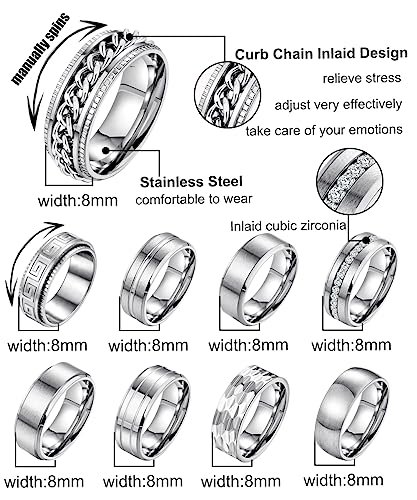 9Pcs 8MM Stainless Steel Band Rings for Men Women Chain Rings Simple Brushed Wedding Engagement Rings Set 7-13