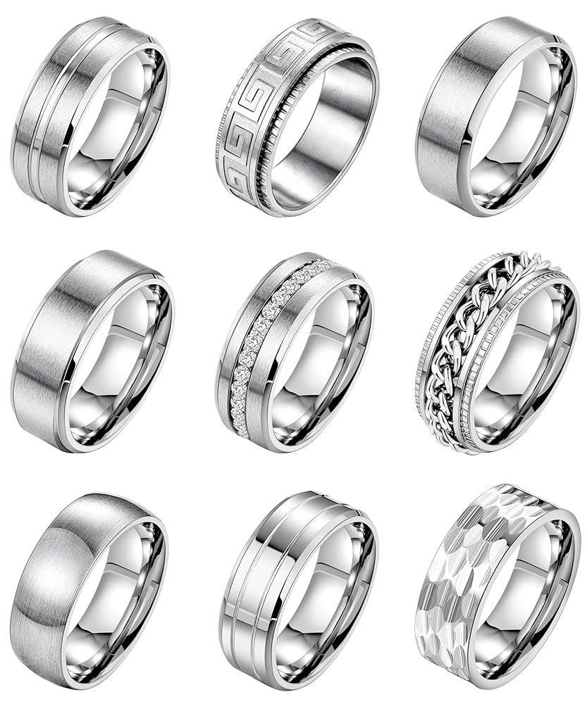 9Pcs 8MM Stainless Steel Band Rings for Men Women Chain Rings Simple Brushed Wedding Engagement Rings Set 7-13