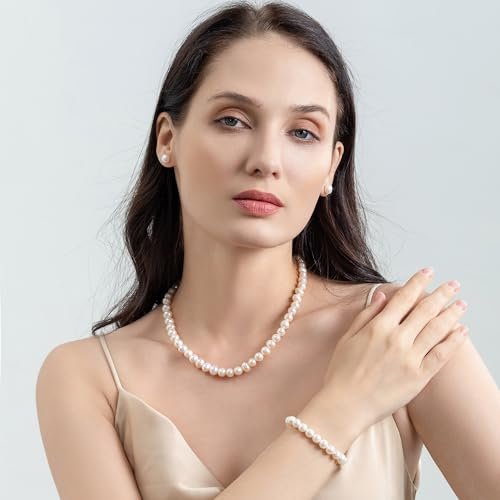AAA+ Quality Freshwater Cultured Pearl Necklace Set Includes Stunning Bracelet and Stud Earrings and Luxury Gift Box Jewelry Set for Women