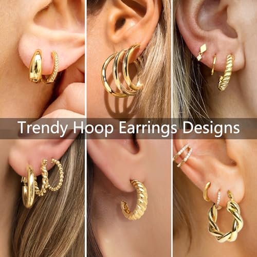 Adoyi 9 Pairs Gold Hoop Earrings Set for Women Girls Gold Twisted Huggie Hoops Earrings 14K 18K Gold Plated for Girls Gift Lightweight